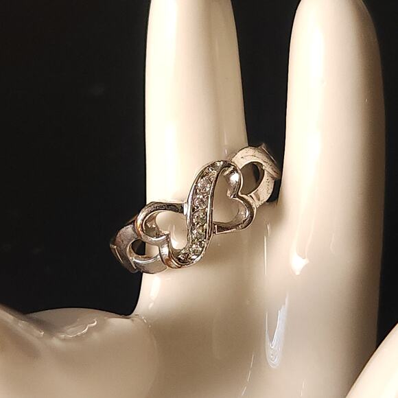 Two Hearts Rhinestone Statement ring, Sterling Silver Ring, Size 6 - Picture 4 of 10